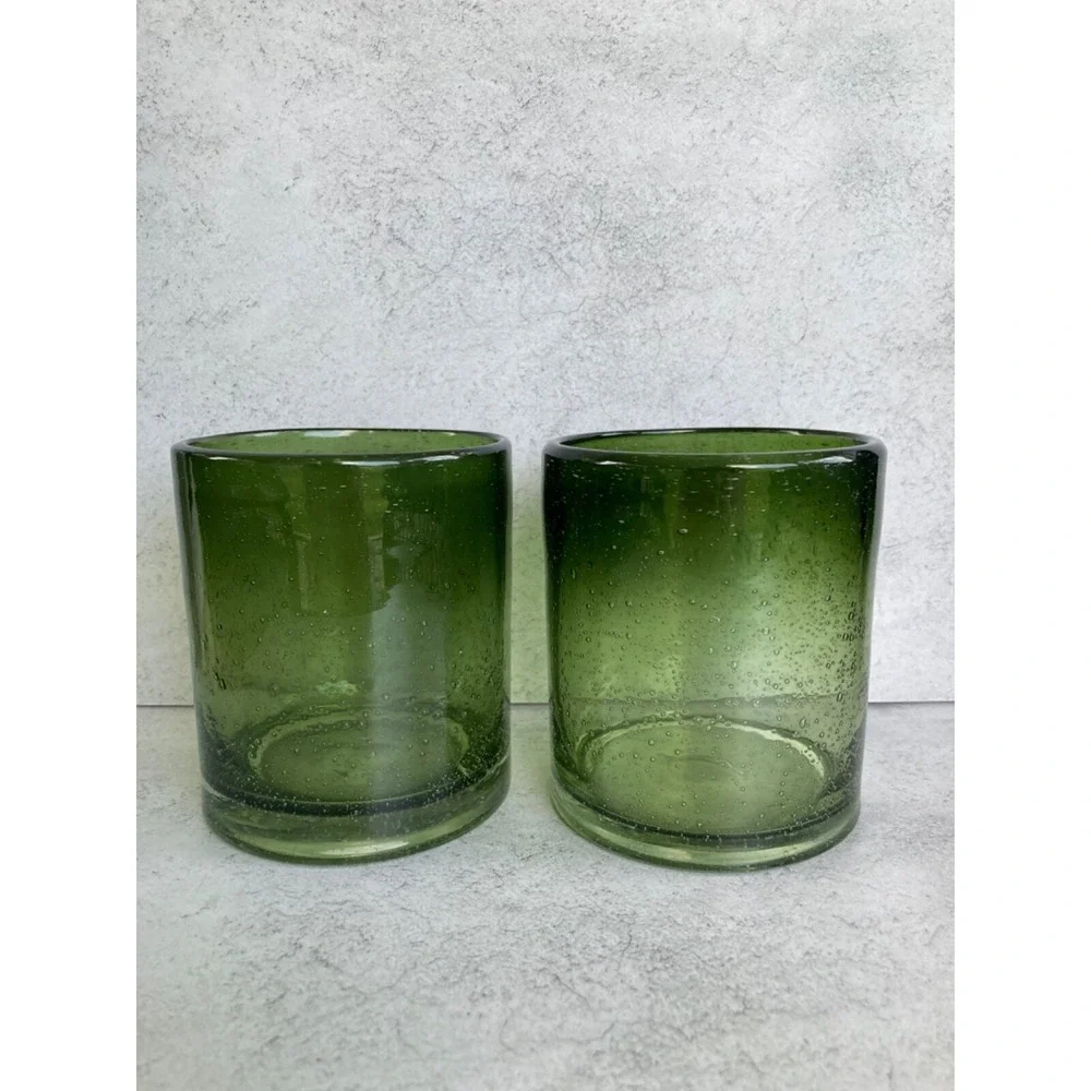 Mexican Green Bubble Seed Hand Blown Glass Old Fashioned Whiskey (Set of 2) RARE